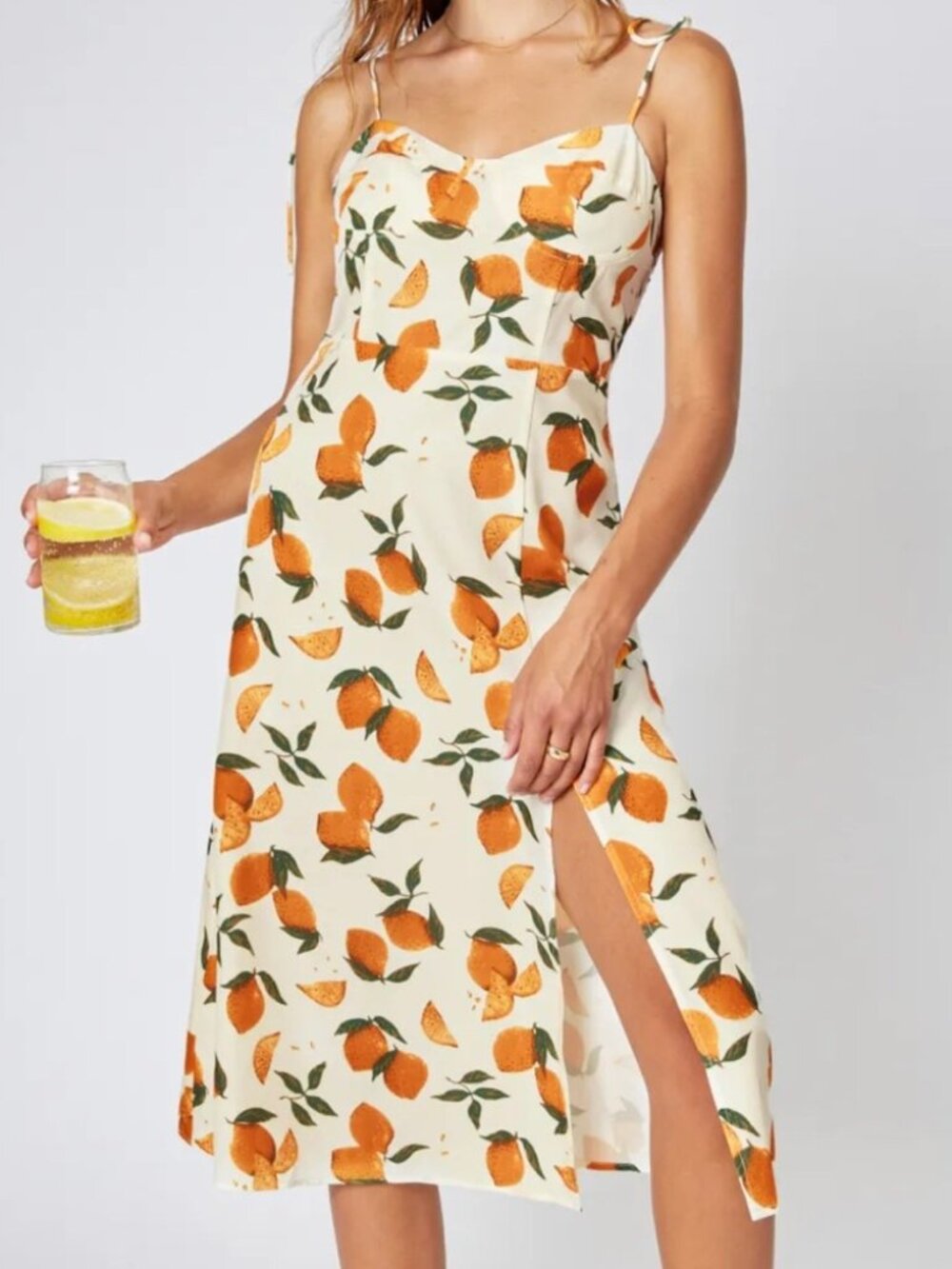 SHEIN Cream Slip Midi Dress with Orange Fruit Print